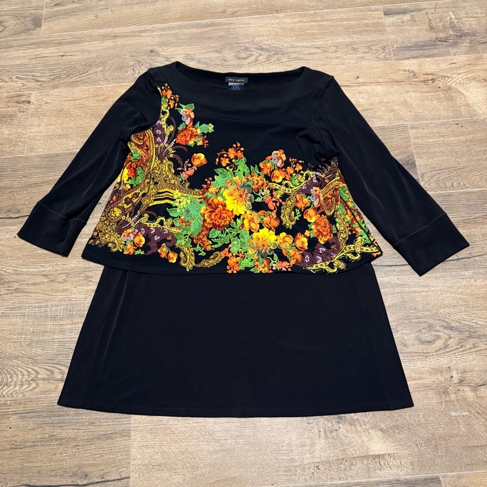 Eva Varro Floral Side Slit Top Spandex Paisley Print Blouse M Medium